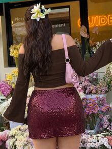 SHEIN EZwear 巧克力棕色大尺碼女款露肩長袖不對稱下擺T恤 - 巧克力棕 - 查看 2