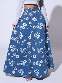 SHEIN SXY 女款花卉印花鈕扣前襟休閒牛仔裙 - 中等水洗藍 - 查看 1