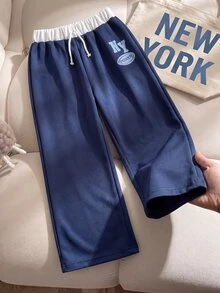 SHEIN Tween Girls Casual Drawstring Hem Wide Leg Straight Sweatpants, Fall Winter - Navy Blue - View 2