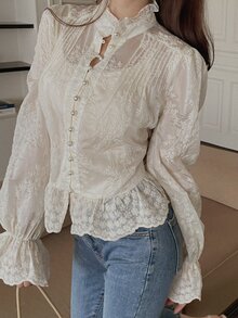 DAZY Women's Stand Collar Long Sleeve Single-Breasted Ruffle Hem Fashion Shirt - Apricot - View 3