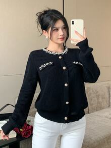 Modelyn Women's Faux Pearl Decorated Long Sleeve Single-Breasted Casual Knit Cardigan - Black - View 5