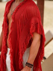 Ironwick Men's Solid Color Tassel Design Asymmetrical Hem Knit Cardigan - Red - View 3