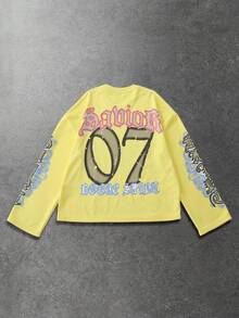 ROMWE MEN Angel Print Loose Fit Plus Size Men's Crew Neck Long Sleeve T-Shirt - Yellow - View 2