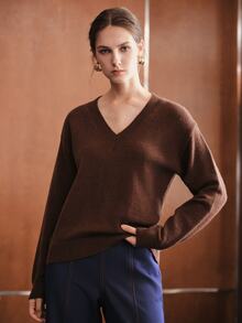 Anewsta Autumn/Winter Maillard Color Palette Multi-Color Dark Brown Sweater Women's Minimalist Slouchy Pullover Knit Top - Brown - View 4