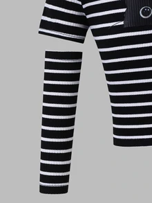 SHEIN Tween Girl Slim Fit Casual Cropped Knit Cat Print Striped T-Shirt With Sleeves - Black and White - View 3