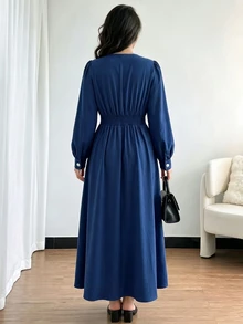 EMERY ROSE Women's Plus Size Autumn/Winter French Style Solid Color V-Neck Waist-Cinching Long Sleeve A-Line Dress, Suitable For Outings, Daily Wear, Elegant Commuting - Navy Blue - View 2