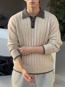 DAZY 春秋款卡其色身黑色對比領 POLO 領長袖男士針織衫 - 彩色 - 查看 1