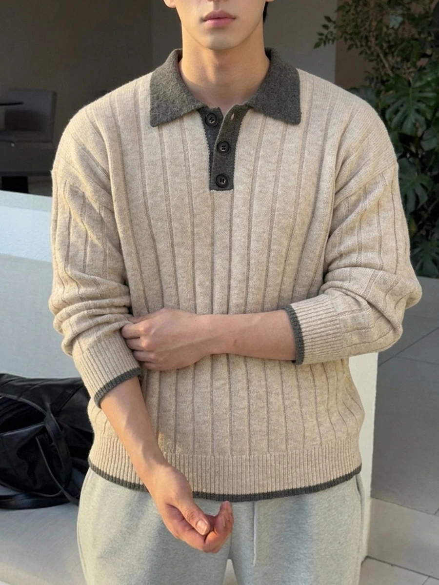DAZY 春秋款卡其色身黑色對比領 POLO 領長袖男士針織衫 - 彩色 - 查看 1