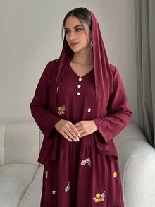 Al Najma Women's Floral Embroidered Pattern Casual Party Arabian Dress - Burgundy - View 6