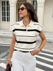Serisse Women's Fashion Button Half-Placket Striped Knit Top - White - View 1