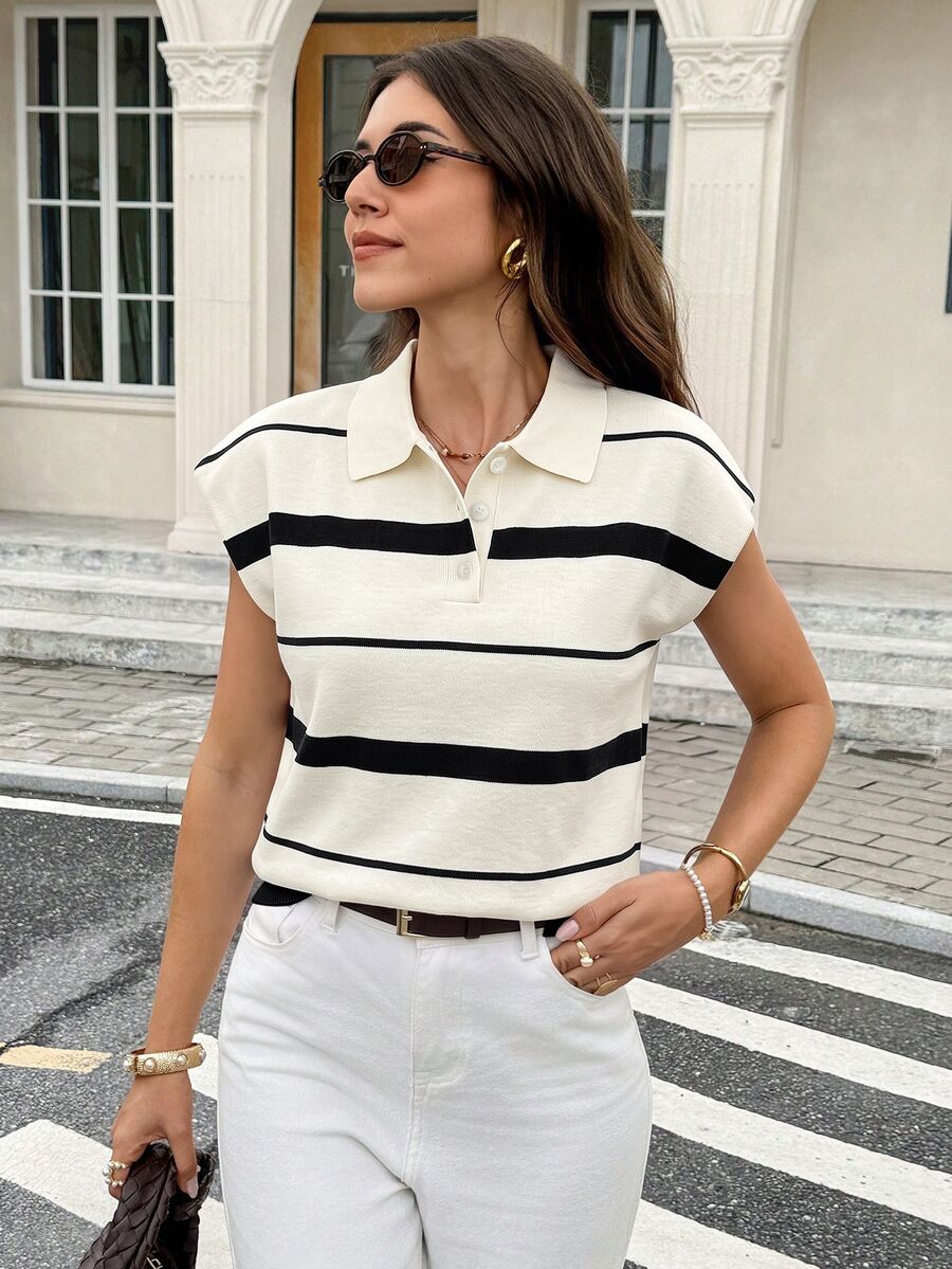 Serisse Women's Fashion Button Half-Placket Striped Knit Top - White - View 1