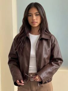 SHEIN 青少年女孩長袖抓絨秋季衣物 秋冬休閒街頭風寬鬆日常通勤高階校園百搭PU皮革夾克 棕色 - 棕色 - 查看 3