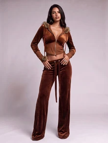 Nooralise Fashionable Hot Girl Y2K Brown Velvet Patchwork Faux Fur Hooded Slim Fit Jacket With Pom Pom Rope Decoration And Flared Long Pants 2 Pieces Set - Brown - View 3
