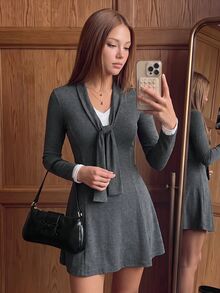 Sweetina Preppy Slim Fit 2 In 1 Long Sleeve Mini Dress, Autumn/Winter - Dark Grey - View 6