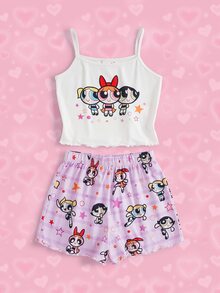 THE POWERPUFF GIRLS X SHEIN Tween Girl Cartoon Camisole And Shorts Casual Daily Home Sleepwear Set - White - View 1