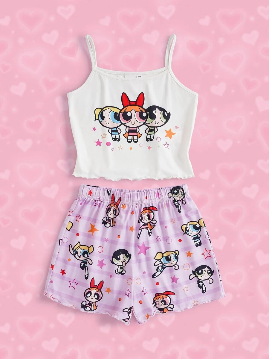 THE POWERPUFF GIRLS X SHEIN Tween Girl Cartoon Camisole And Shorts Casual Daily Home Sleepwear Set - White - View 1