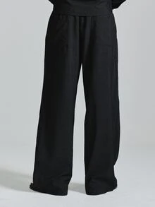 Musero Oversized Baggy Fit Joggers In Faux Denim Fabric Elasticated Waist Back Patch Pockets Co Ord Trousers Only Autum Winter Essentials - Black - View 3