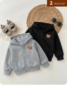 SHEIN 2件組嬰兒男孩女孩可愛百搭極簡純色連帽外套 灰色連帽衫與黑色連帽衫 秋冬適用 - 彩色 - 查看 1