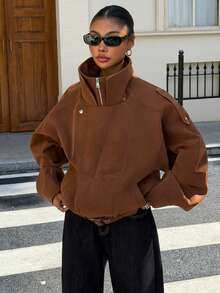 Muchica Women's Street Fashion High Neck Zip-Up Long Sleeve Jacket - Brown - View 7