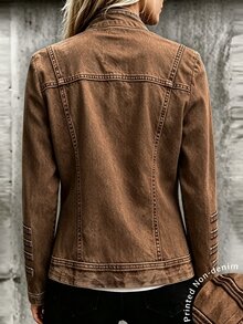 SHEIN Holidaya 女款藍色印花立領夾克，雙排金屬鈕扣復古宮廷風開襟衫，中式立領，長袖 - 棕色 - 查看 3
