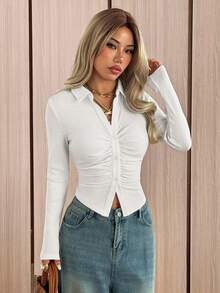 SHEIN EZwear 白色針織女款長袖百褶單排扣T恤 - 白色 - 查看 4