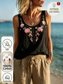 Breezaya 女款花卉刺繡圓領休閒鄉村風波希米亞百搭無袖上衣 度假黑色花卉夏季沙灘 - 黑色 - 查看 1