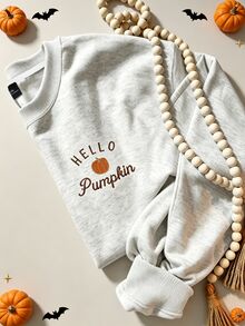 Flirla 大尺碼女款休閒南瓜刺繡圓領運動衫，秋冬風格 - 淺灰色 - 查看 4