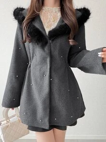 FRIFUL Women's Elegant Rhinestone Decorated Hooded Overcoat, Autumn/Winter - Grey - View 6