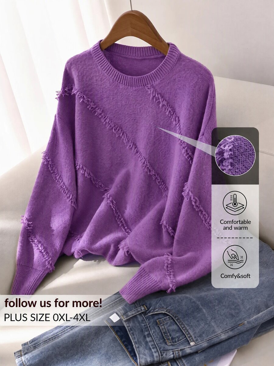 CosyJoli Women's Plus Size Round Neck Side Frayed Design Loose Casual Comfortable Pullover Sweater - Purple - View 1