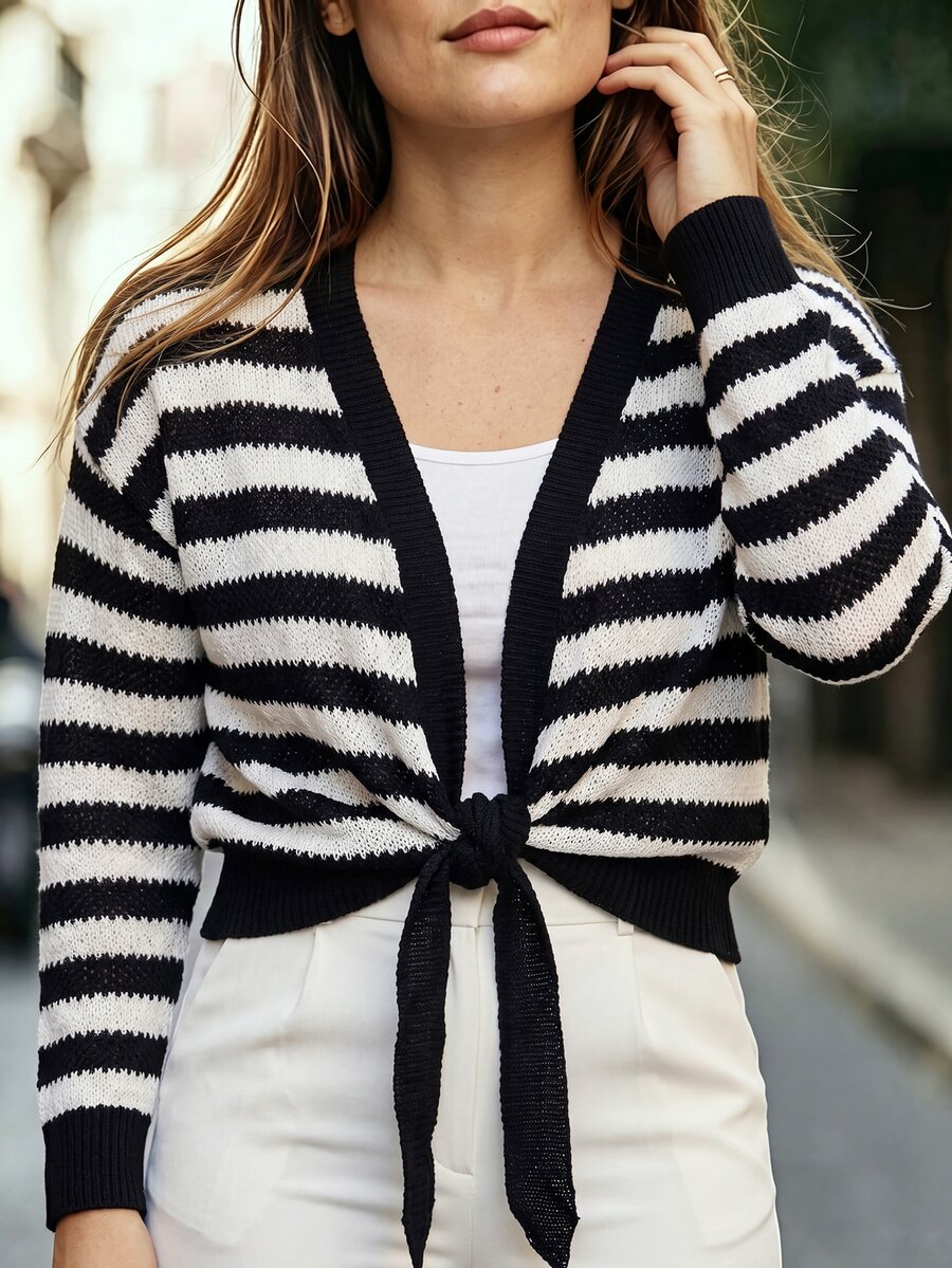 Linhara CURVE Women's Plus Size Thin Striped Long Sleeve Knit Cardigan Jacket, Autumn/Winter Fall - Black and White - View 1