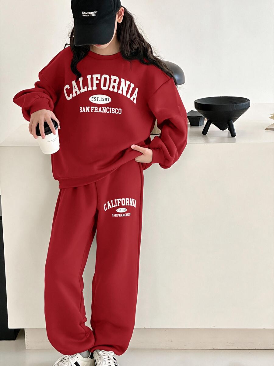 青少年女孩舒適休閒簡約英文標語印花寬鬆圓領長袖套頭衛衣與錐形運動褲套裝,適合居家與外出,深綠色,聖誕節 - 紅色 - 查看 1