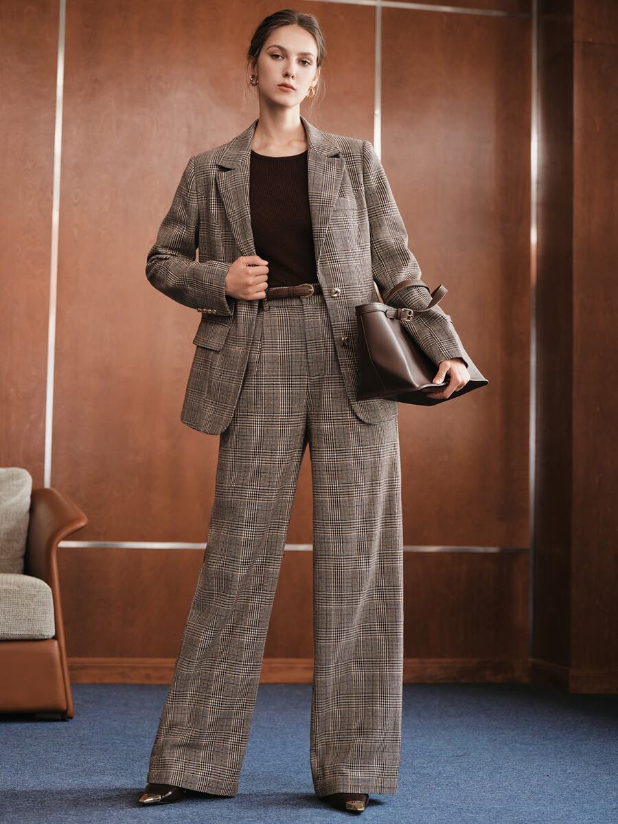 Anewsta Autumn/Winter New Fashion Casual Versatile Retro Plaid Waist-Cinching Blazer With Fitted Metal Button Straight Leg Suit Pants Set - Multicolor - View 1