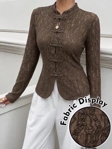 Modelyn Spring/Summer Lace Frog Button Gentle Date Elegant Fashion Versatile Slimming Women's Blouse - Coffee Brown - View 1