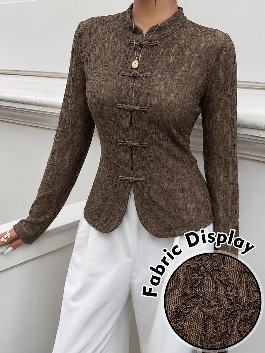 Modelyn Spring/Summer Lace Frog Button Gentle Date Elegant Fashion Versatile Slimming Women's Blouse - Coffee Brown - View 1