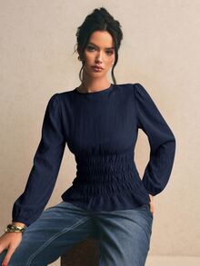 Poéselle Atasan Lengan Panjang Wanita Warna Polos Berlipit, Kasual, Serbaguna untuk Sehari-hari - Navy Blue - View 7