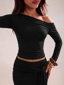 SHEIN BAE 秋冬款純色棕色不對稱領女款上衣與長裙針織兩件套，優雅兩件套 - 黑色 - 查看 4