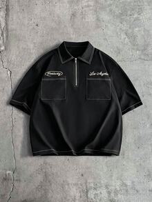 AXEPEAK 男士字母刺繡短袖口袋休閒 Polo 衫 - 黑色 - 查看 6