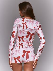 MUSERA Bow Printed Modal Button Through Long Sleeve Romper Playsuit Pajama Lingerie Daily Nightwear Christmas Winter Fall Santa Baby - Multicolor - View 4