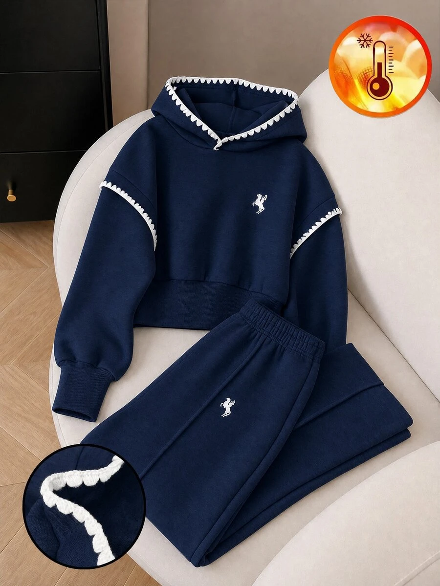 SHEIN Girls' Casual Fashion Knit Solid Color Front Print Letter Graphic Drop Shoulder Long Sleeve Ribbed Waist Hooded Top And Long Pants With Front Center Line Print Letter Graphic Sweatshirt 2 Pieces Set - Navy Blue - View 1