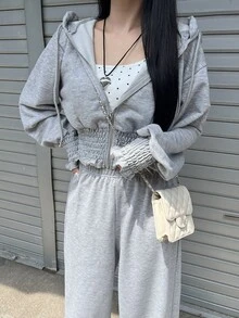 FRIFUL Women's Korean Style Ruched Waist Hooded Sweatshirt And Loose Pants 2 Pieces Set Fall - Grey - View 2
