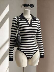 Fine & Folde Women's Striped Casual Daily Long Sleeve Bodysuit - Black and White - View 2