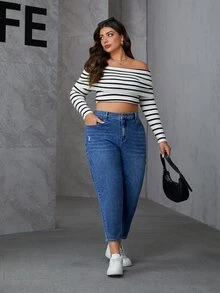 SHEIN PETITE CURVE Plus Size Casual Washed Distressed Denim Jeans - Blue - View 6