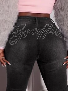 Slaydiva Plus Size Women's Letter Print Rhinestone Flare Denim Jeans, High Waist Slim Fit Stretch Bootcut Pants, Casual Daily Wear Embellished Jeans - Black - View 9