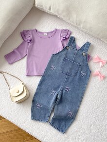 SHEIN Playful Pals 2件組幼女上衣牛仔吊帶褲，可愛紫色荷葉邊蝴蝶結刺繡，飛袖圓領，常規款，適合生日派對、秋季假期、聖誕節，羅紋設計 - 紫色 - 查看 7