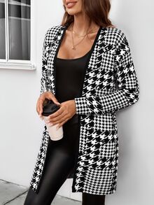 SHEIN Clasi 女款優雅復古格紋拼色印花正裝版型開襟外套，秋冬款 - 黑與白 - 查看 4
