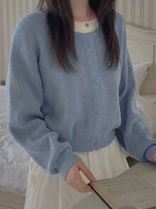 DAZY 女款拼接 2 合 1 寬鬆圓領長袖鈕扣裝飾休閒度假針織套頭毛衣，秋冬款 - 藍色 - 查看 6
