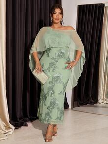 Firerie Plus Size Elegant Party Mesh Patchwork Floral Embroidery Dress - Green - View 3