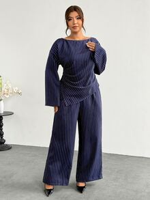 Firerie Plus Size Casual Commute Striped Shirt & Trousers Suit Set - Navy Blue - View 3