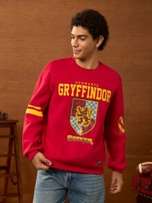 HARRY POTTER X SHEIN Men's Letter Print Crew Neck Casual Pullover Sweatshirt - Red - View 4