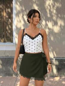 SHEIN Frenchy Celana Pendek Model Ikat Pinggang Kasual Musim Panas Ukuran Besar - Dark Green - View 8